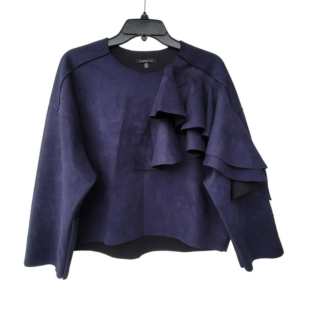 Size S CQbyCQ Women's Suede Velvet jacket Top Long ruffle Sleeve Blue Round Neck